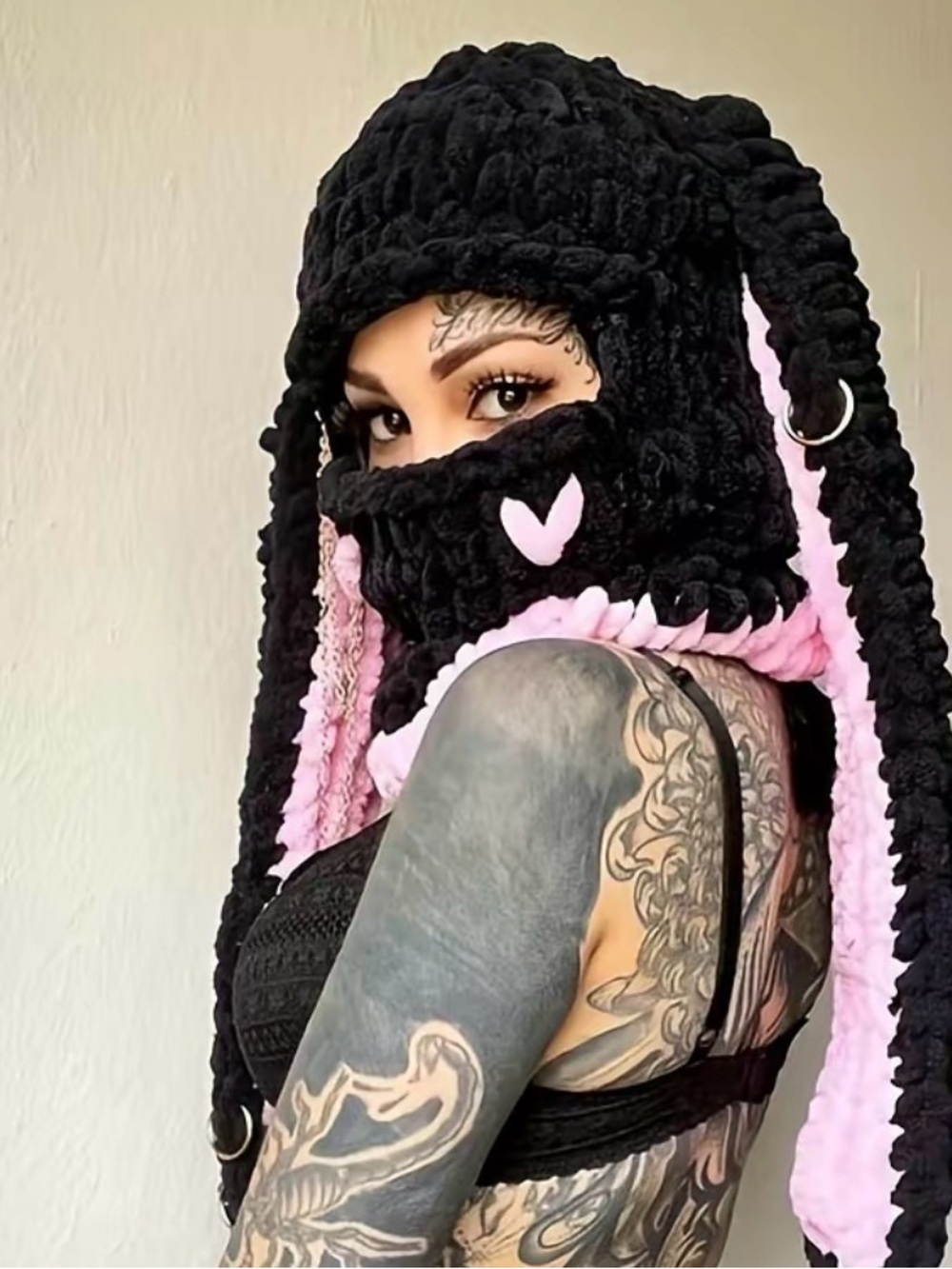 Plush Black and Pink Crochet Balaclava Hat - Women Accessories